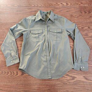 Ralph Lauren Women M Olive Green Snap Front Roll-Tab Sleeves Utility Military Sh
